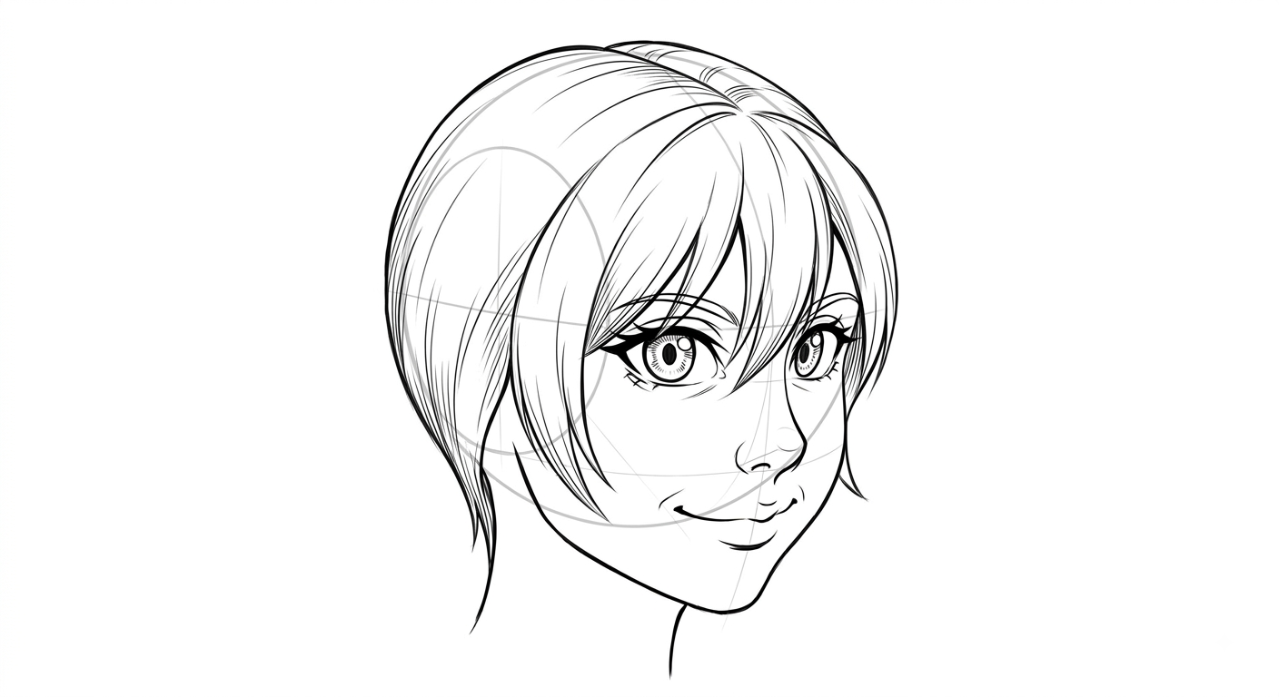 Female anime face in three-quarter view showing the shifted, curved centerline