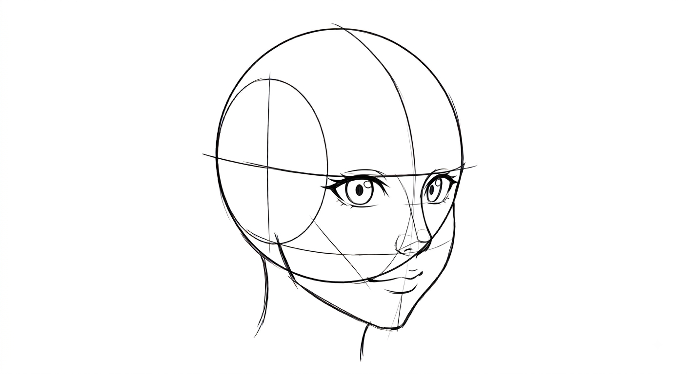 Female anime face in three-quarter view, surprised expression with wide eyes