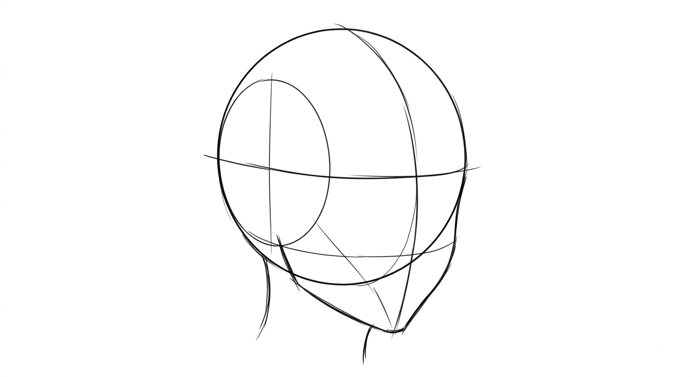 Female anime face in three-quarter view showing the nose bridge overlapping the far eye