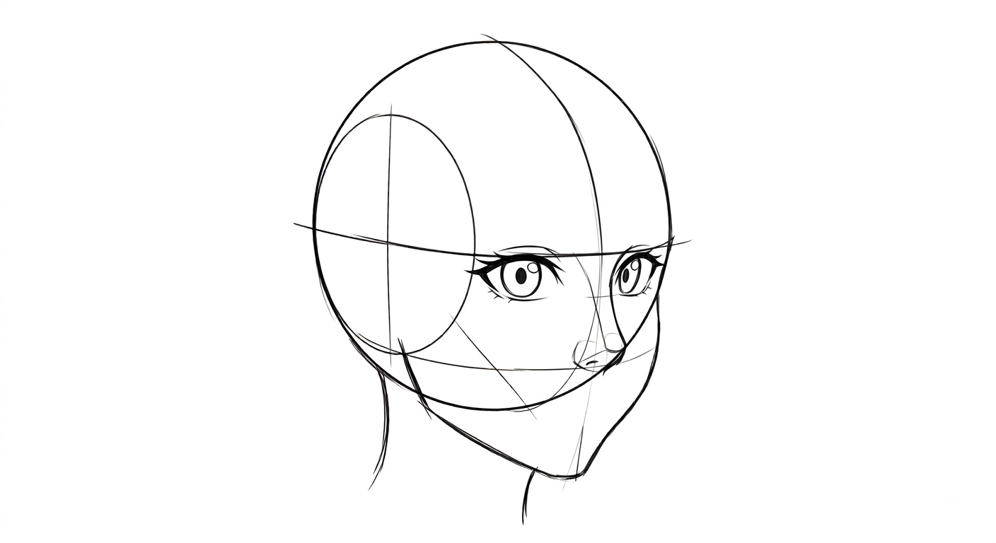 Female anime face in three-quarter view with the mouth shifted toward the near side