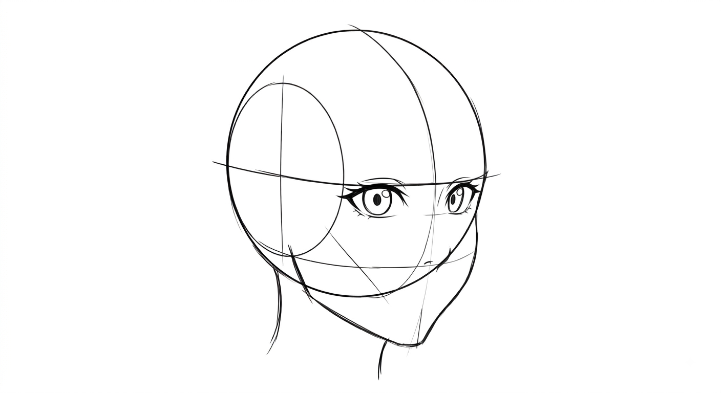 Female anime face in three-quarter view, happy expression