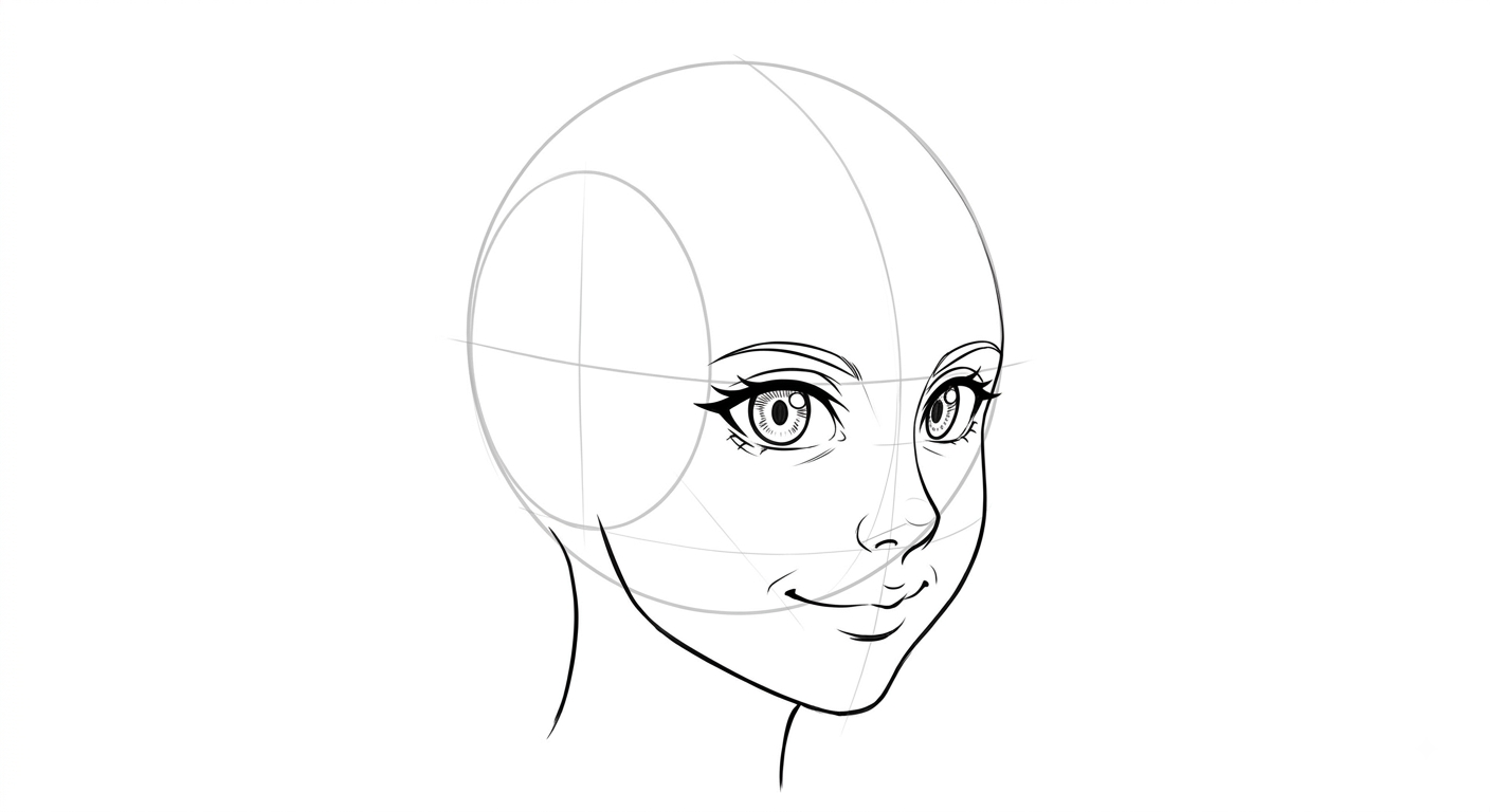 Female anime face in three-quarter view showing hair wrapping around the turned skull