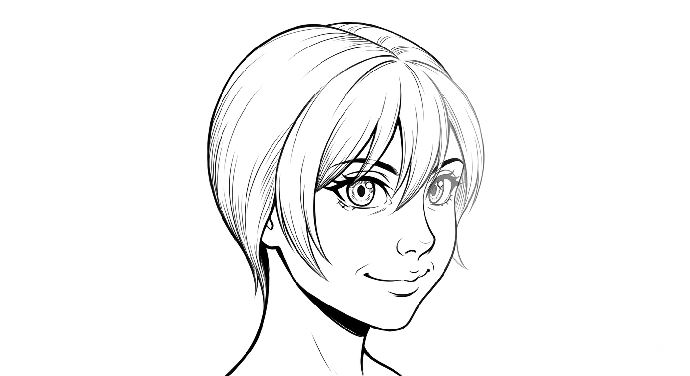 Male anime face in three-quarter view after cleanup, with stronger near-side line weight