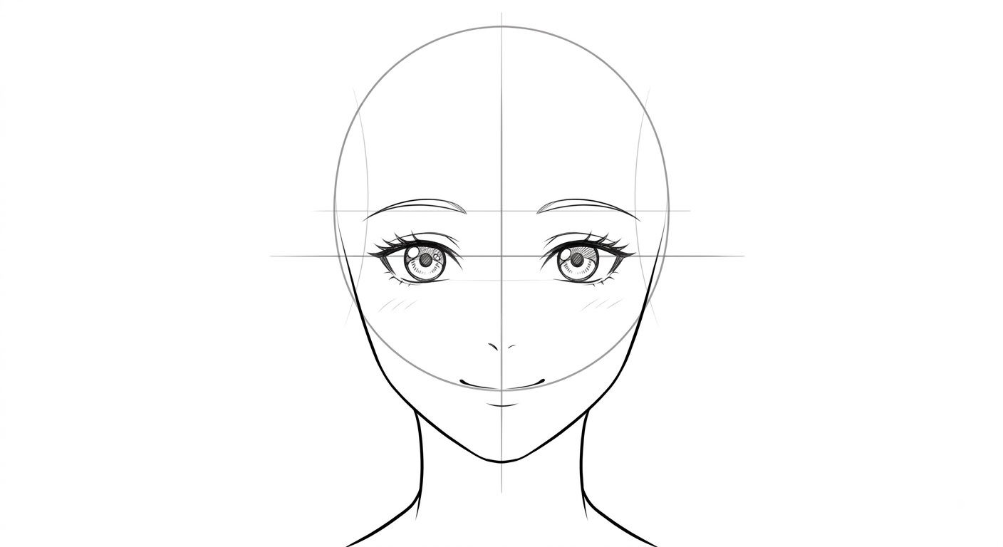 Female anime face front view with a happy expression and minimal nose