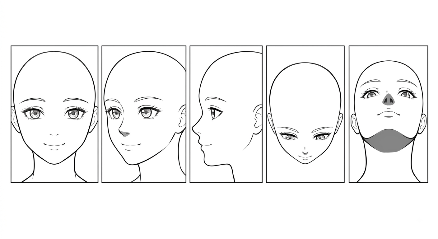 Female anime face in three-quarter view showing nose bridge overlap