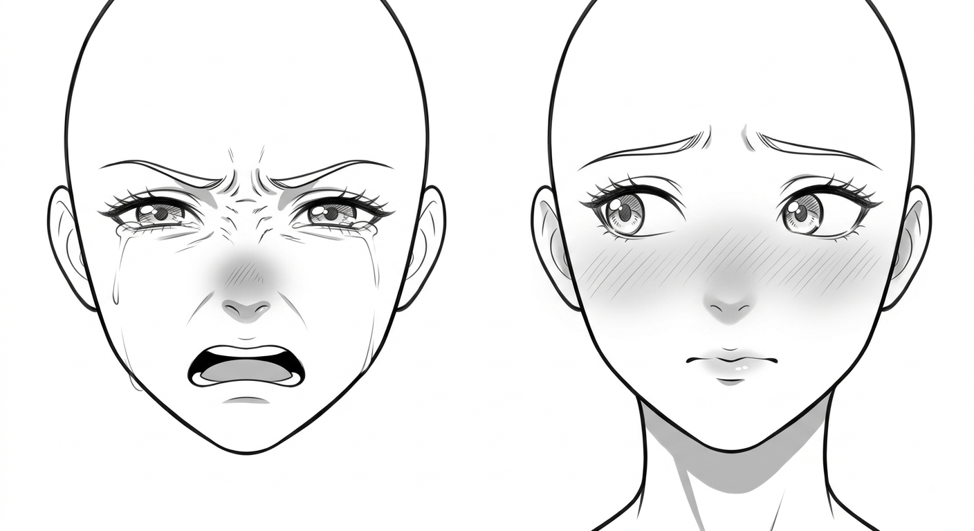 Female anime face front view crying with a reddened nose tip