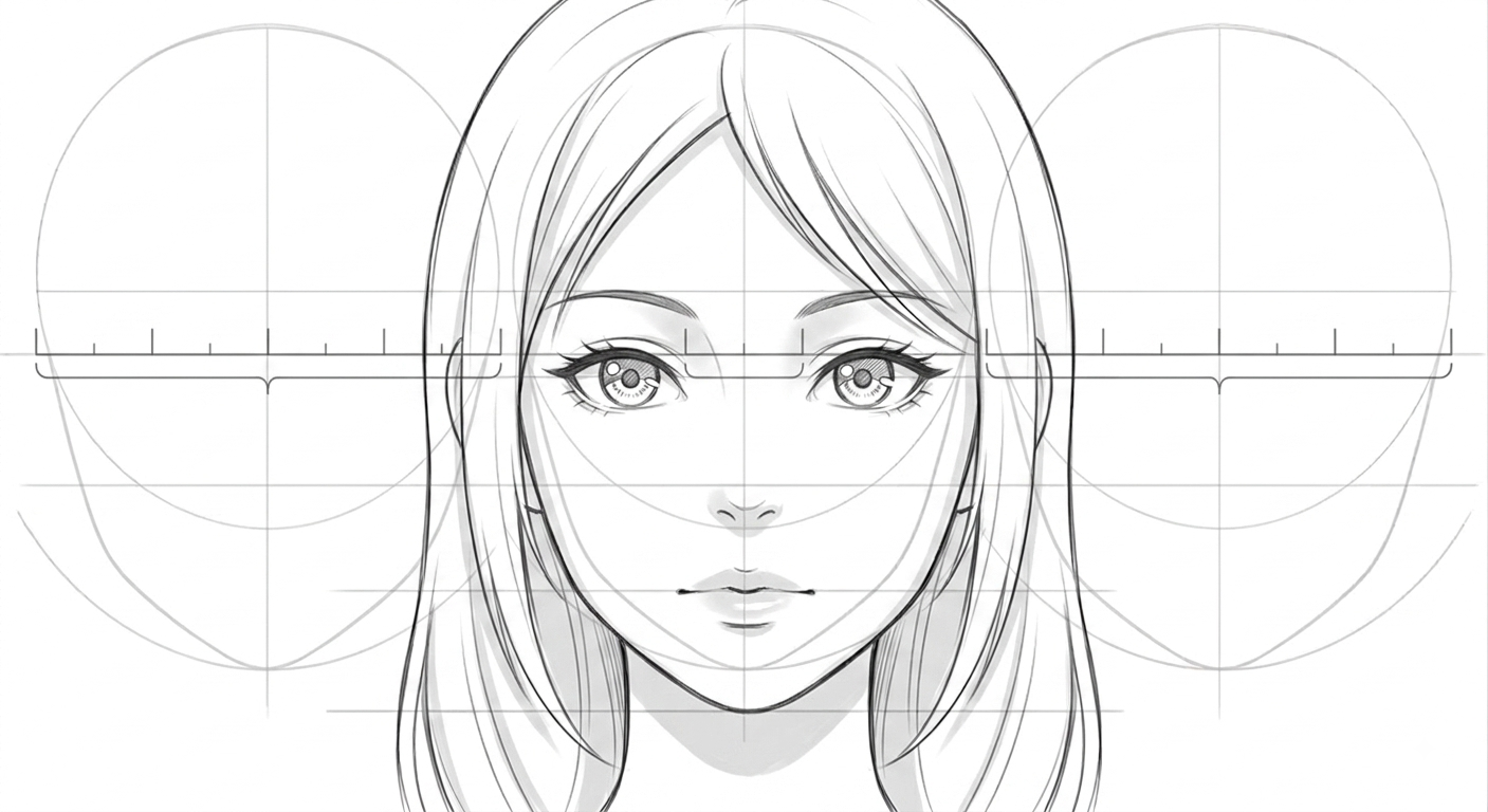 Female anime face front view demonstrating the five-eye-width spacing rule