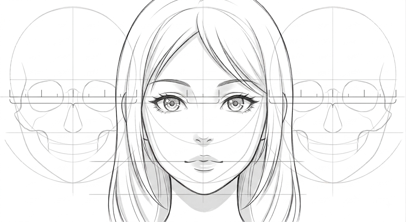 Male anime face front view showing nose and mouth halfway placement