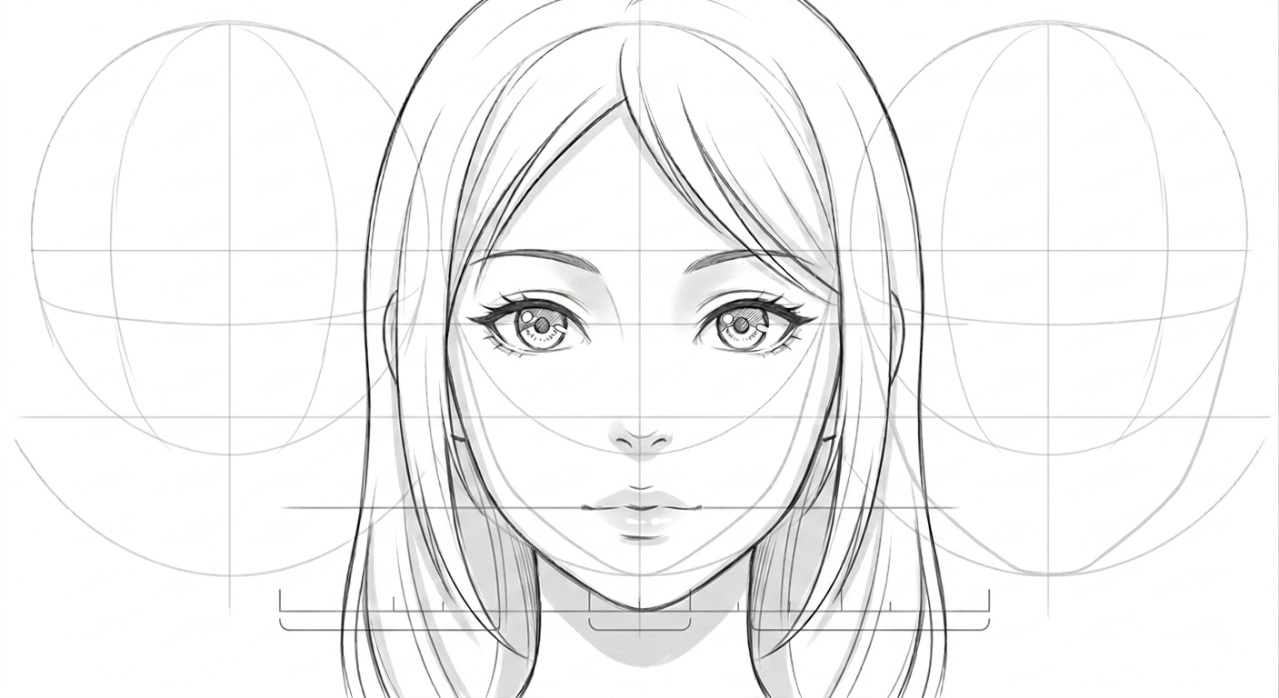 Female anime face in 3/4 view showing standard proportions