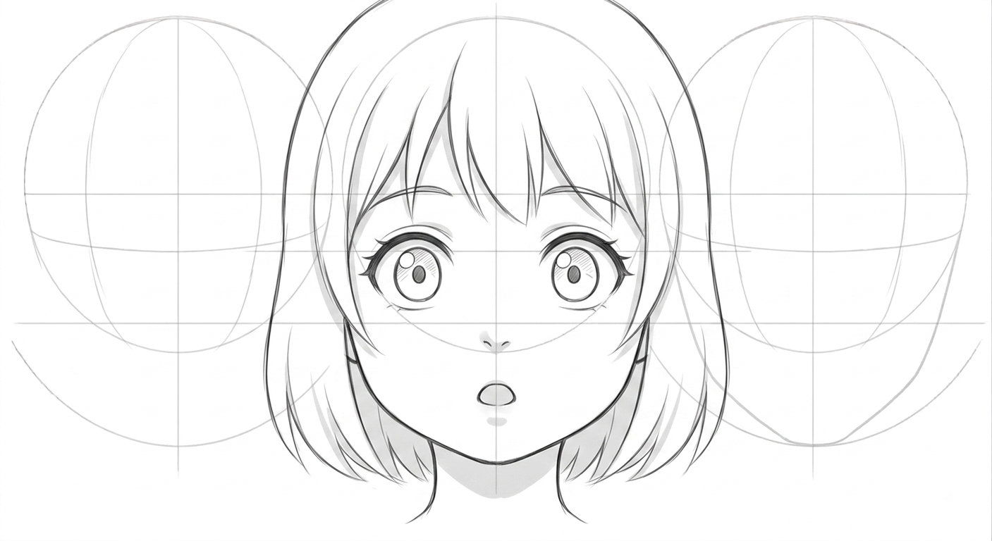 Female anime face front view with surprised wide eyes, showing youthful proportions