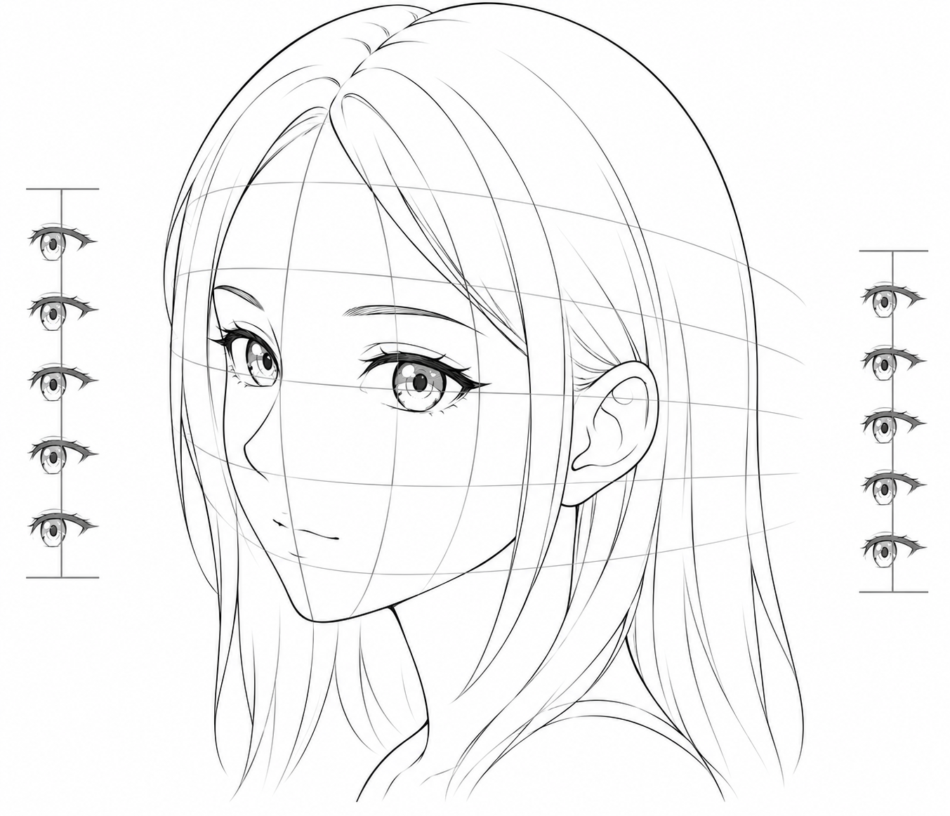 Female anime face in 3/4 view showing compressed far eye