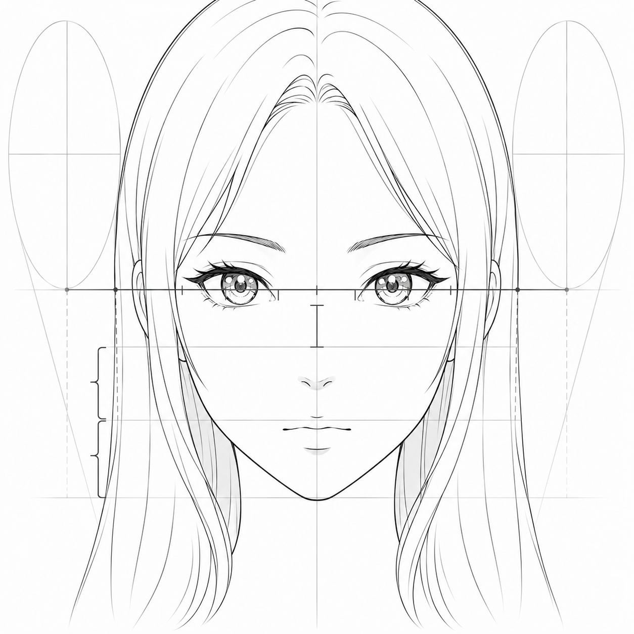 Female anime face front view with a serious expression, used to check the proportion grid