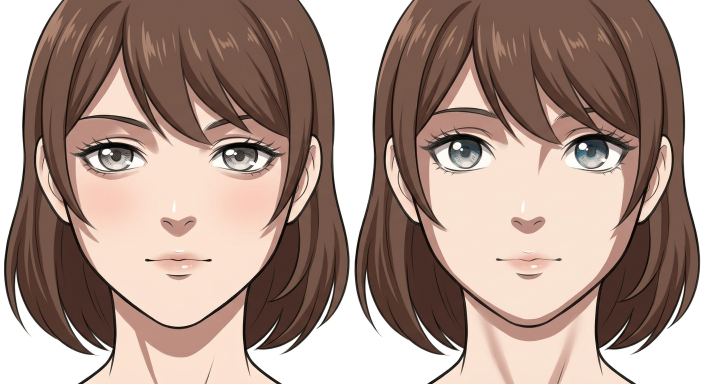 Female anime face front view showing the five core shadow shapes