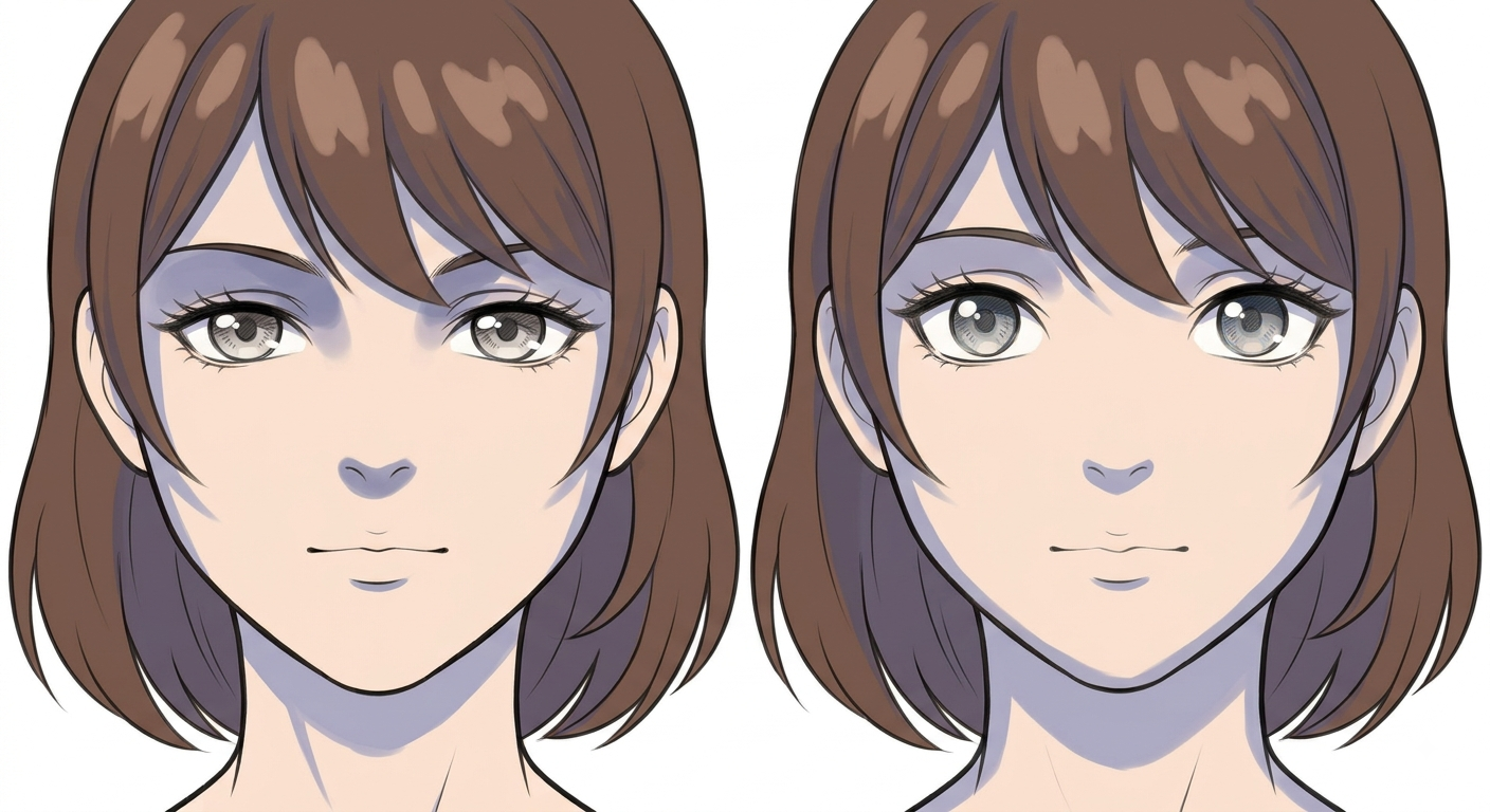 Female anime face front view with the base shadow layer applied