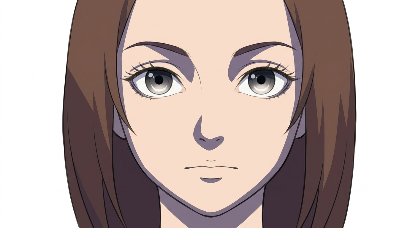 Female anime face front view showing hard-edged cel-shading