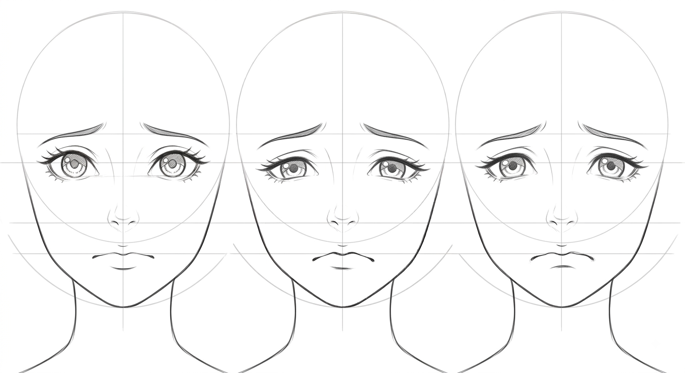 Female anime face front view with a sad frown