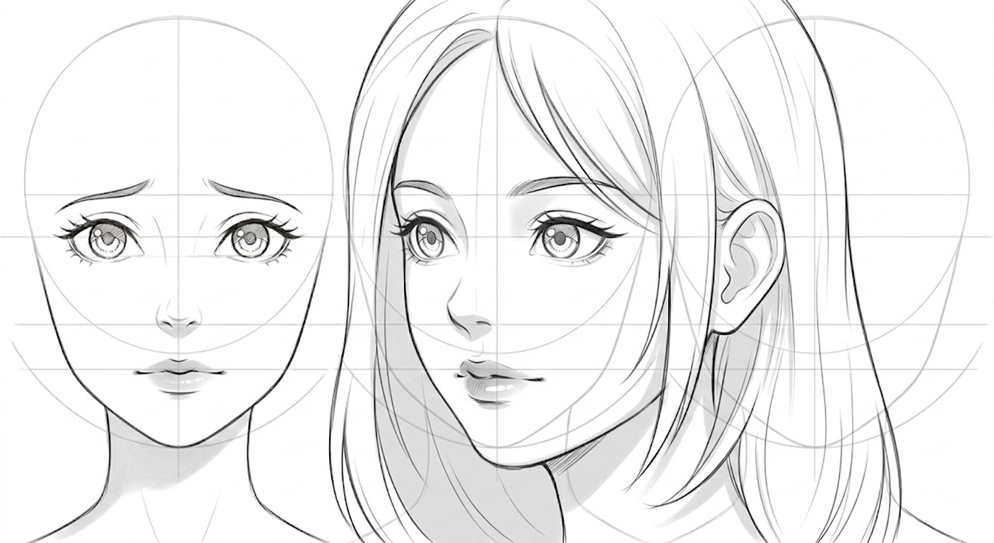 Female anime face in 3/4 view with fuller, semi-realistic lips