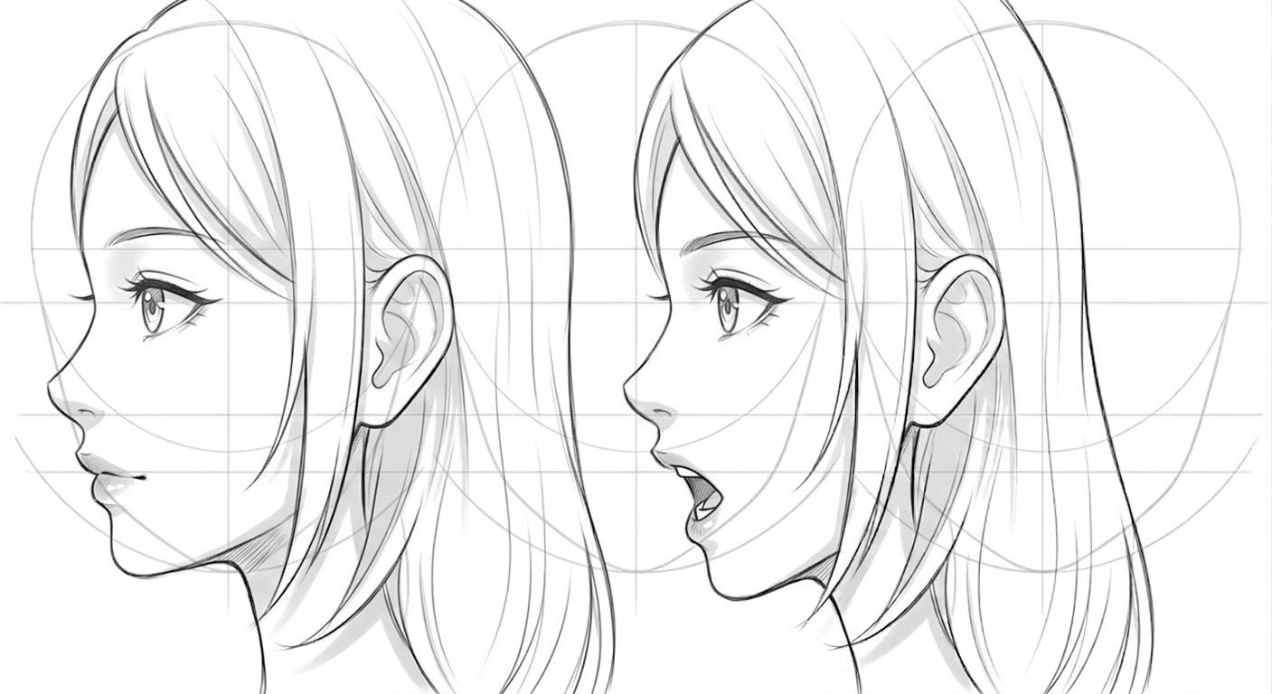 Female anime profile showing minimal lips on the face curve