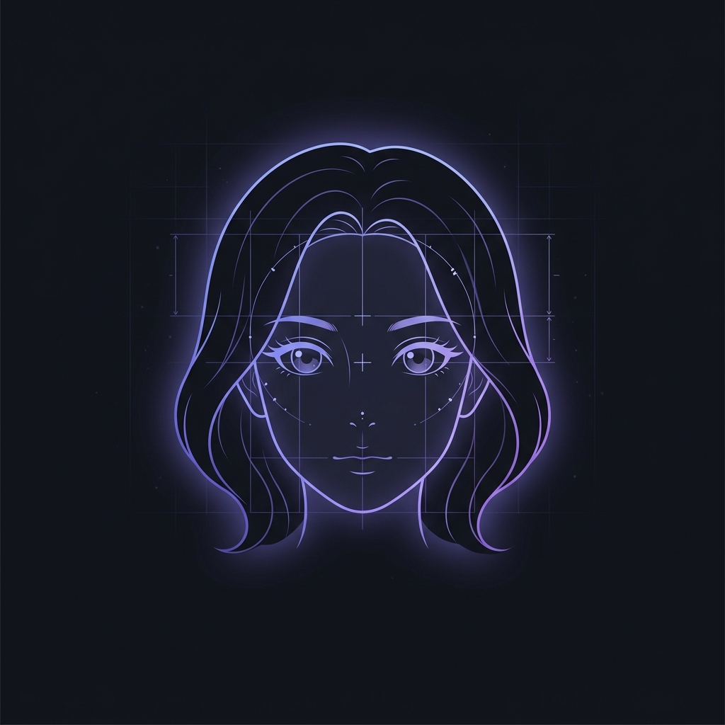 Anime face with construction guidelines and proportion lines